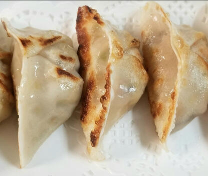 Pan Fried Vegan Chicken Dumpling $14.00 Pan fried vegan chicken and vegetable (napa cabbage, carrot, shittake mushroom) dumplings