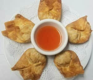 13. Fried Wonton $10.00 Deep-fried wontons filled with vegan chicken and shrimp with a tangy vinegar sauce (homemade duck sauce) on the side