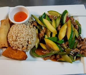 L12. Basil Vegan Chicken Lunch $15.00 Sautéed slices of tender soy protein with zucchini, asparagus, bell peppers, and basil