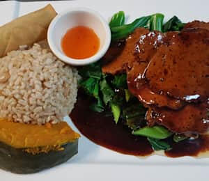 L15. Black Pepper Vegan Beef Lunch $15.00 Sautéed slices of tender seitan in a savory black pepper sauce on a bed of spinach