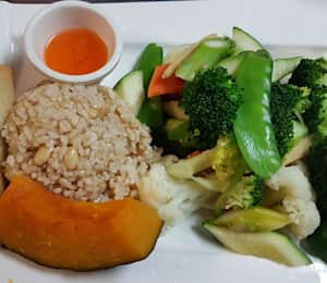L01. Steam Mixed Vegetable Lunch $14.00 Steamed broccoli, carrots, asparagus, zucchini, snow peas, baby corn, and lotus root with brown dipping sauce on the side