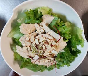 14. Vegan Chicken Salad $12.00 Thinly sliced soy protein, almonds, and mixed greens with a sesame-peanut dressing