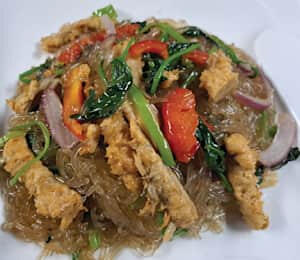 10. Jap Chae $16.00 Korean-style stir-fried sweet potato noodles with spinach, veggie fish cakes, onions, mushroms, and bell peppers