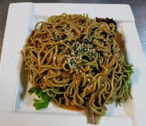 01. Cold Green Tea Noodle $11.00 Cold green tea noodles tossed with peanut-sesame sauce