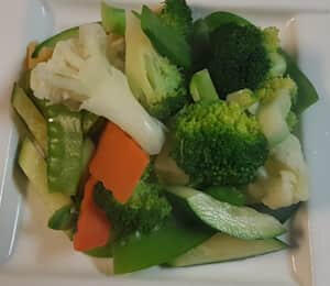 D01. Steam Assorted Vegetables $17.00 Steamed broccoli, carrots, asparagus, zucchini, snow peas, baby corn, water chestnuts, and lotus root with brown dipping sauce on the side